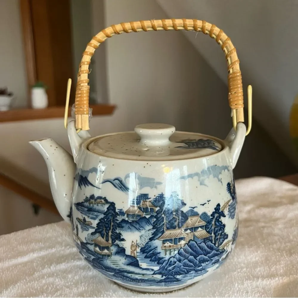 Vintage Asian Teapot Blue Scenery Bamboo Handle Stoneware Unmarked